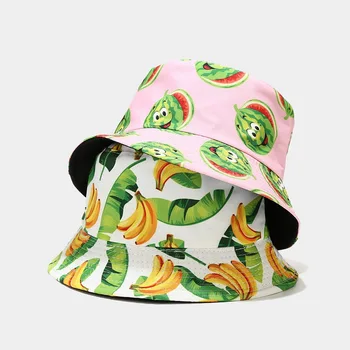 2021 Primăvară Nouă Banane Imprimare Găleată Pălărie Pepene Două Laterale Reversiable Pălărie de Vară pentru Femei de Agrement Suncreen Panama Bob Pălărie
