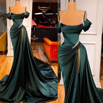 2022 Elegant de culoare Verde Închis Sirena Rochii de Seara Uimitoare Off-the-Umăr Mermaid Rochie de Bal Volane, Cu Mare Split Mult Vestid