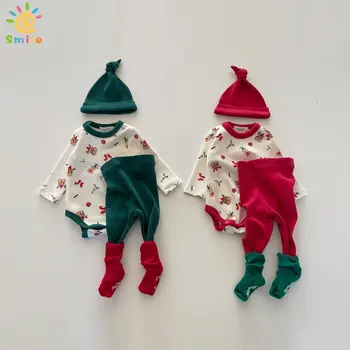 2023-coreean Noi de Crăciun pentru Copii Haine Copilul Elan de Imprimare Bodysuit Pălăria 3-Piesa Copilul de Anul Nou Haine de Acasă Set Salopeta Nou-născut