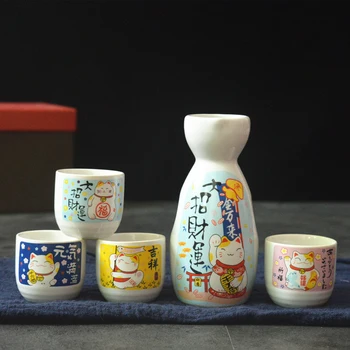 5-Piece Set Vin Japoneze Maneki Neko Ceramice Dragul Set (1 TOKKURI Sticla de 200 ml și 4 OCHOKO Cana) Cat Noroc Drinkware