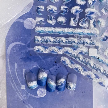 5D Alb Albastru Valuri Moi Relief Reliefuri autoadezive, Decoratiuni de Arta Unghiilor Autocolante Meduze 3D Manichiura Decalcomanii en-Gros