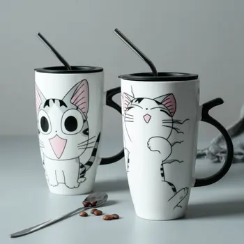 650ml de Desene animate Pisica Ceramica Cana Cu Capac si Lingura de Cafea Ceai Lapte Cani Cana mic Dejun Drinkware Noutate Cadouri