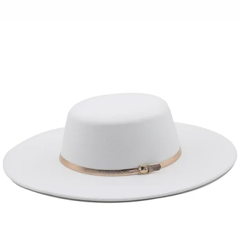 9.5 CM Margine Largă Biserica Derby Pălărie Panama Solid Simțit Fedoras Palarie cu Funda pentru Femei artificial Alb Amestec de lână Capac de Jazz