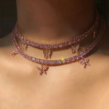 AGUADEMAR 2 buc Roz Stras Tenis Colier pentru Femei Cristal Fluture Farmecul Mici Cravată Lanț Hiphop bijuterii bijuterii 2020