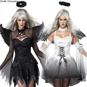 Alb Negru Diavolul Înger Căzut Costum Femei Sexy Petrecere De Halloween Haine De Adult Gothic Vrajitoare Costume Rochie Fancy+Caciula+Aripa