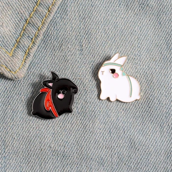 Alb Negru Iepure Cuplu Brosa Grăsime Drăguț Bunny Desene animate de Animale Email Ace Butonul Pin Rever Insigna de Bijuterii Cadouri pentru Copii buni Prieteni