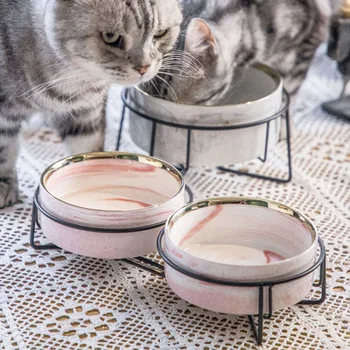 Animal de casă Pisică Castron Ceramic Alimentare cu Apă Marmură Alimentator cu Gât Garda Suport Metalic Mat Kitten Hrana Dublu Antena Crescute Câine Consumabile