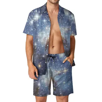 Bling Stele Vacanta Bărbați Seturi Maneci Scurte Astro Galaxy Print Camasa Casual Set Grafic pantaloni Scurți Bărbat din Două piese Hawaii Dimensiuni Mari Costum