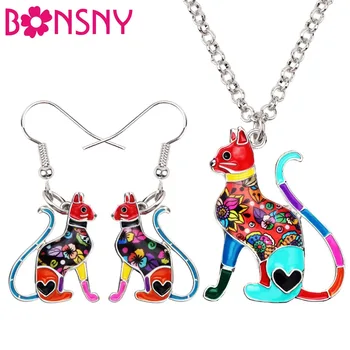Bonsny Email Aliaj Elegant Stând Pisoi Pisică Cercei Colier Seturi De Bijuterii Pentru Femei Și Fete Cadou En-Gros Bijuterii Charms