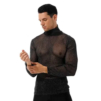 Bărbați Moda Streetwear Lucios Transparent se Vedea prin T-cămașă de Înaltă Gât Maneca Lunga Topuri Sexy Petrecere Clubwear Negru/Alb Topuri