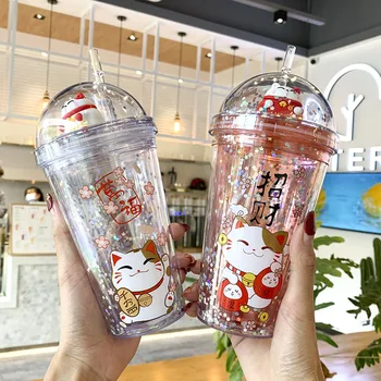 Creative Cat Noroc Sticla de Apa Cu Paie Japoneză Roz Drăguț Gheață Cupa Pentru Copii Fete perete Dublu Cană pentru cadouri