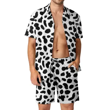 Dalmatian de Imprimare Bărbați Seturi de Pete Albe și Negre Tricou Casual Set Hawaii în aer liber pantaloni Scurți de Vară Costum din Două piese Plus Dimensiune