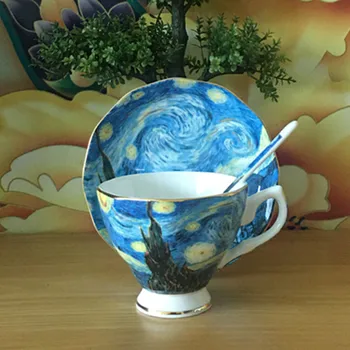[Dana] 1-Set De Cani De Cafea Pictura Arta Bone China Cani Ceramica Cu Farfurie Lingura Sticla De Apa Ziua De Nastere Cadou De Crăciun