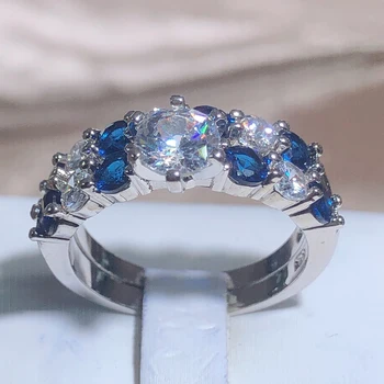 De lux Full Diamant Albastru Zirconia Inima Inel Set de 2 buc Inele de Cuplu 925 Timbru Petrecere de Ziua de Bijuterii Cadou en-Gros