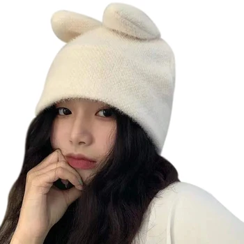 Draping urechi de iepure, blana de iepure Pălărie Femei Toamna Iarna tricotate Pălării de lână cald iarna versiunea coreeană Japoneză Pălării drăguț cadou