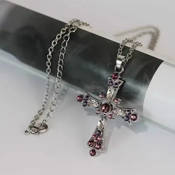Epocă Gotică Crucea Pandantiv Colier Y2K Roz de Cristal Link-ul Lanț Colier Stil de Stradă Cravată Pentru Bărbați, Femei Estetice Bijuterii