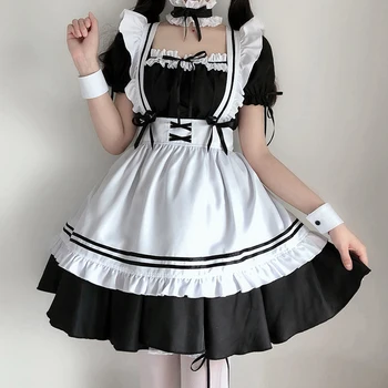 Femei Costum Servitoare Anime Alb Și Negru Rochii De Drăguț Japoneză Lolita Rochie Lady Cafe Șorț Rochie De Petrecere De Halloween Cosplay Costum
