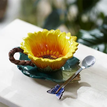 Floarea-Soarelui Email De Portelan, Cani Ceramice Ceașcă De Cafea Original Taza Copo Home Decor Portelan Fluture Lingura