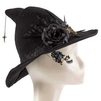 Gotic Negru Pălărie Vrăjitoare Femei Halloween Cosplay Dantelă Flori Pene Mâinile Ceas Pălării Șef De Partid Rochie