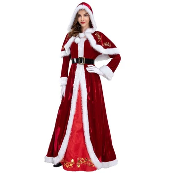 iarna Doamnelor Crăciun High-Waisted de Pluș Slăbire Mid-Lungime Rochie + Cape Pălărie Negru + Centura + Manusi Albe Mos craciun Cosplay Dress