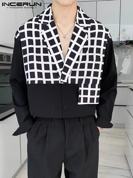 INCERUN 2022 Barbati Casual Camasa Carouri Mozaic Rever Maneca Lunga Butonul Bărbați, Îmbrăcăminte de Stradă Vrac Moda coreeană Tricouri S-5XL