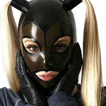 Manual Mască de Latex de Cauciuc Capota Negru cu Transparent Negru 2 Peruci Fetish Ochi Deschis Luna cu Fermoar Spate Costume Cosplay