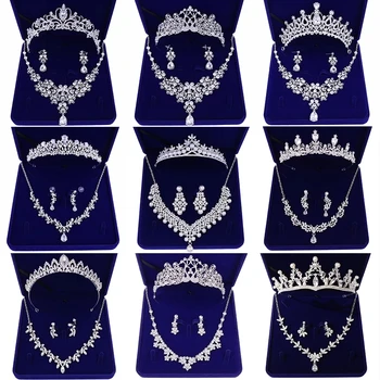 Moda Zircon Bijuterii De Mireasă Seturi De Nunta Coroana Colier Cu Cercei De Pin Perla De Cristal Și Coroane Tiara Ornamente De Păr Femei