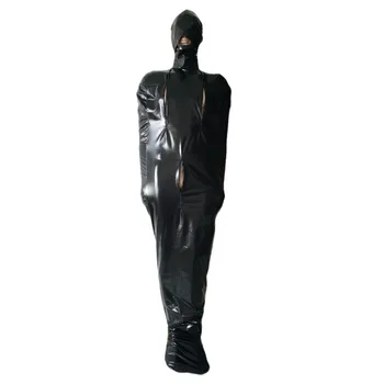 Negru Lucios Metalic Mami Costume Sac de Dormit Catsuit Sexy cu fermoar spate cu picioare și piept cu fermoar Halloween Cosplay