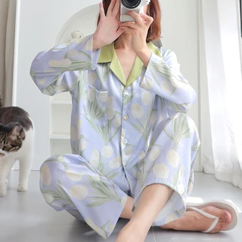 Pijamale de mătase pentru Femei cu Maneci Lungi Pantaloni Două Bucată de Gheață Pijamale de Mătase Mătase Moda Doamnelor Liber Casual de Lux Doamnelor Homewear