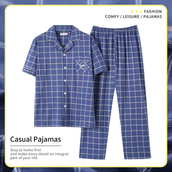 Primavara Vara Barbati Set de Pijama de Bumbac, Pijamale de Top de Noapte Costum Casual cu Maneci Scurte Carouri Pantaloni Lungi pentru Bărbați Somn & Lounge Homewear