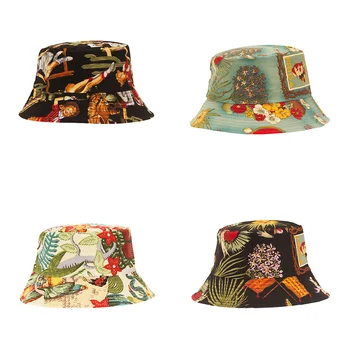 Retro Flower Panama Pălărie Bărbați Femei Imprimare Găleată Pălărie Reversibile Pescar Pălării De Vară Casual Hip Hop Bob Chapeau Vizorul Găleată Cu Capac