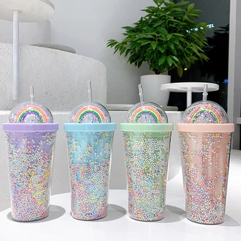 Straturi duble Curcubeu Sticla de Apa de Plastic Cu Paie coreean stil Creativ Dulce Cana Pentru Cafea cu Lapte Ceașcă de Ceai 550ml 19.5*10.5 cm