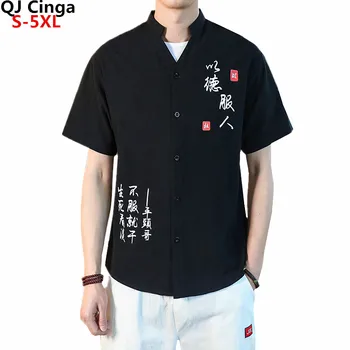 Vara Noul Negru V Gatului Maneca Scurta Tricou Bărbați Pieptul Singur Stil Chinezesc de Imprimare de Tricouri Fashion Casual Top Camisa de Dimensiuni Mari 5XL