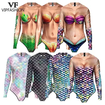 VIP MODA pentru Femei Costume Sirenă Solzi de Pește Shell 3D de Imprimare de costume de Baie Sexy Costume Cosplay Maneca Lunga, Costume