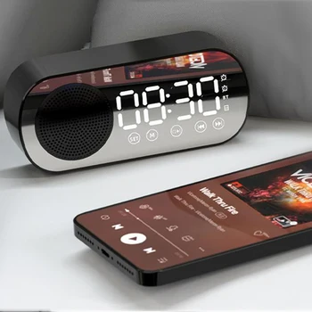 Wireless compatibil Bluetooth Difuzor cu LED-uri Oglindă Ceas cu Alarmă Digital Radio FM Display Mare, Baterie Dormitor, Living, Birou