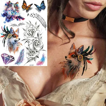 YURAN India Trib Fox Pene Negru Schiță de Flori Tatuaje, Autocolante Flash Pisici Tatuaje Temporare Femei Fata Custom Body Art Tatuaj